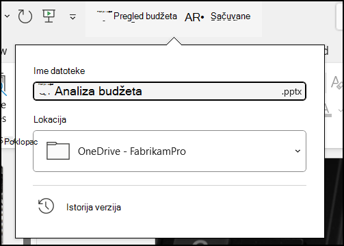 Padajući meni iz naslova dokumenta u programu Word za Office 365