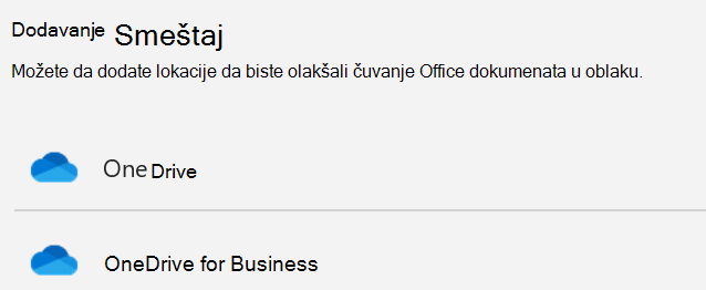 Snimak ekrana dugmeta „Dodaj mesto“ i liste „Dodavanje mesta“ na stranici „Čuvanje kao“ programa Word.