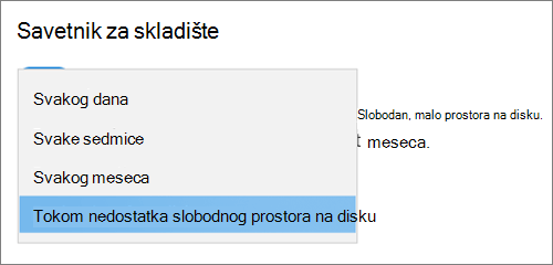 Padajući meni za skladište u operativnom sistemu Windows 10 izbor učestalosti za pokretanje Savetnika za skladište
