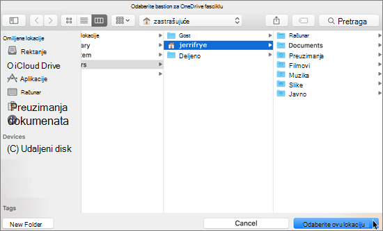 Snimak ekrana izbora lokacije fascikle u čarobnjaku „Dobro došli u OneDrive“ na Mac računaru