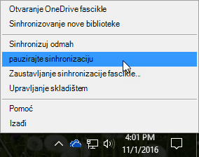 Snimak ekrana menija prethodne usluge OneDrive for Business sa izabranom stavkom „Pauziraj sinhronizaciju“.