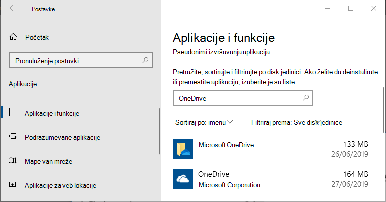 OneDrive u postavkama aplikacije za Windows