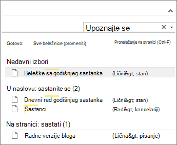 Koristite pretragu da biste tražili beleške bilo gde u programu OneNote.