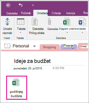 Snimak ekrana priložene unakrsne tabele u programu OneNote 2016.