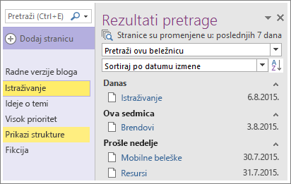 Snimak rezultata pretrage opsega datuma u programu OneNote 2016.