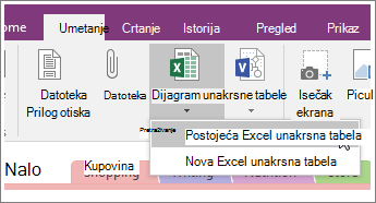 Snimak ekrana dugmeta za umetanje unakrsne tabele u programu OneNote 2016.