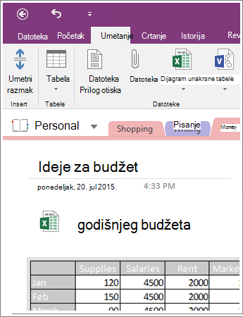 Snimak ekrana ugrađene unakrsne tabele u programu OneNote 2016.