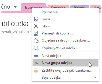 Snimak ekrana kako da kreirate novu grupu odeljka u programu OneNote 2016.