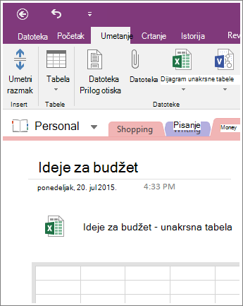 Snimak ekrana nove unakrsne tabele u programu OneNote 2016.