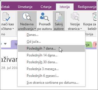 Snimak ekrana dugmeta „Nedavna uređivanja“ u programu OneNote 2016.