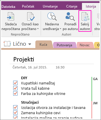 Snimak ekrana dugmeta „Sakrij autore“ u programu OneNote 2016.