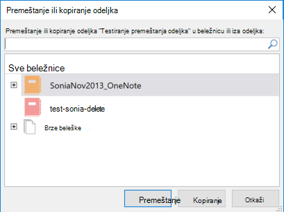 Dijalog za premeštanje ili kopiranje odeljka u programu OneNote za Windows 2016