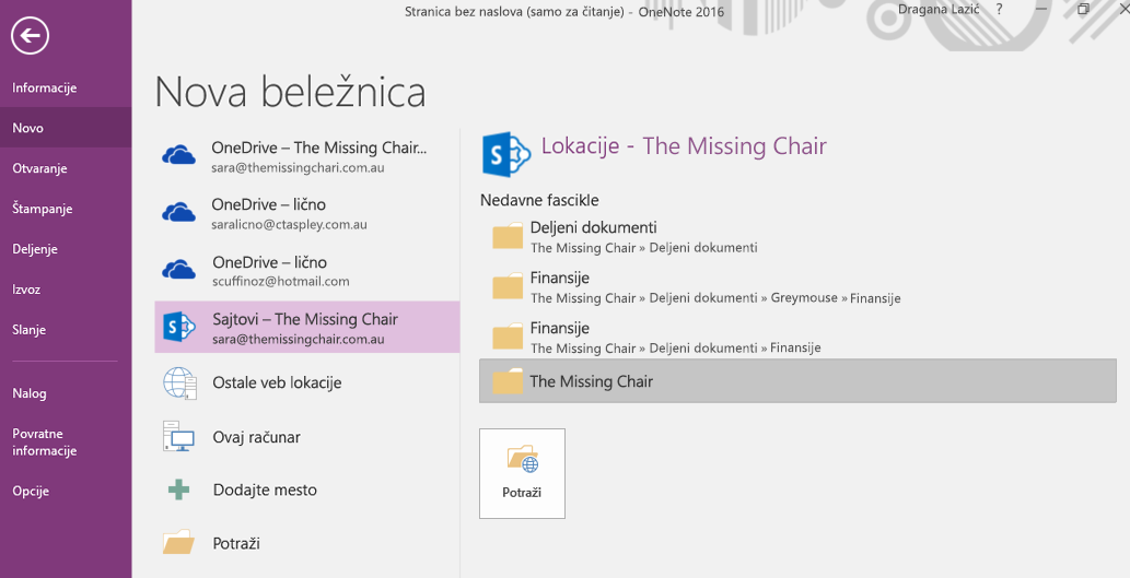 Interfejs za biranje fascikle za novu beležnicu u programu OneNote za Windows 2016