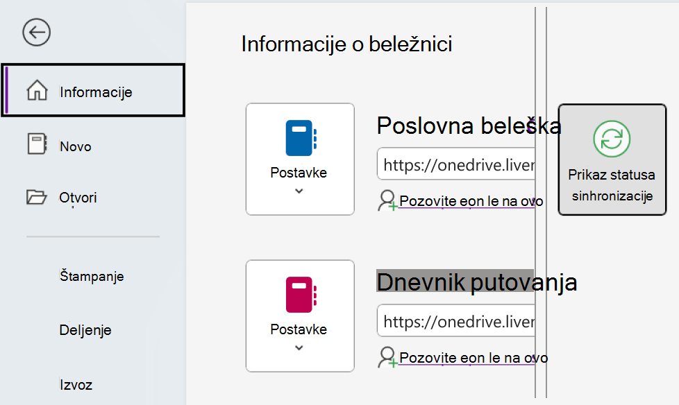 Prikaz statusa sinhronizacije za OneNote u operativnom sistemu Windows.