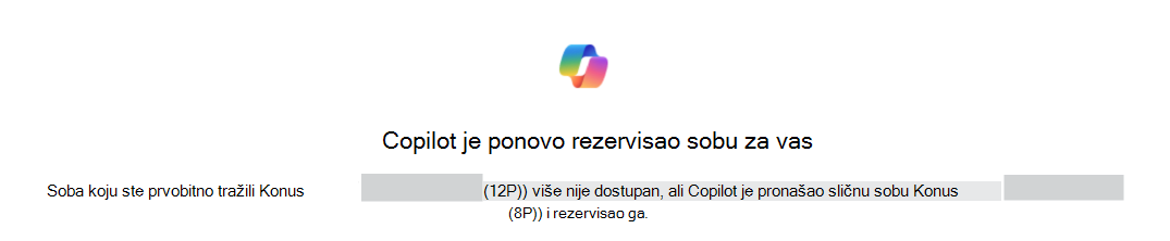 Primer ponovne rezervacije sobe za vas pomoću funkcije Copilot kojom se identifikuju originalne i zamenske sobe.