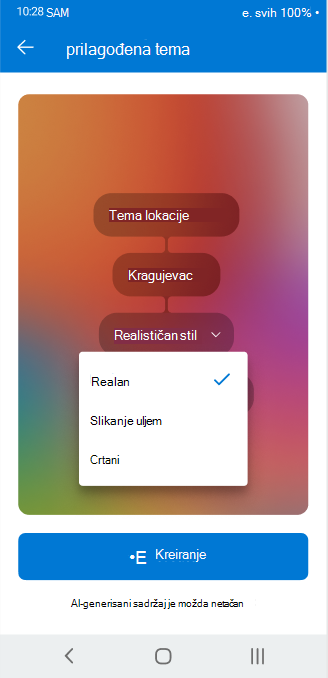 Ekran koji prikazuje birač padajućeg menija koji se koristi za prilagođavanje atributa prilagođene teme koji se mogu konfigurisati u programu Outlook za Android