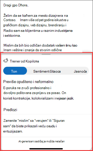 Copilot predlozi za ton, jasnoću i sentiment čitaoca u programu Outlook za mobilne uređaje
