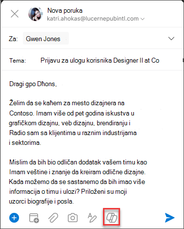 Ikona usluge Copilot u meniju za pisanje za iOS