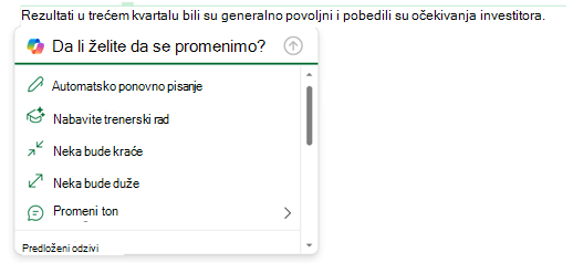 Izabran je neki tekst u e-poruci i Copilot meni razvijen da bi prikazao opcije za ono što možete da uradite sa tim tekstom.