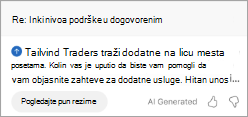 Prikazuje rezime u programu Outlook. Ispod rezimea je dugme 