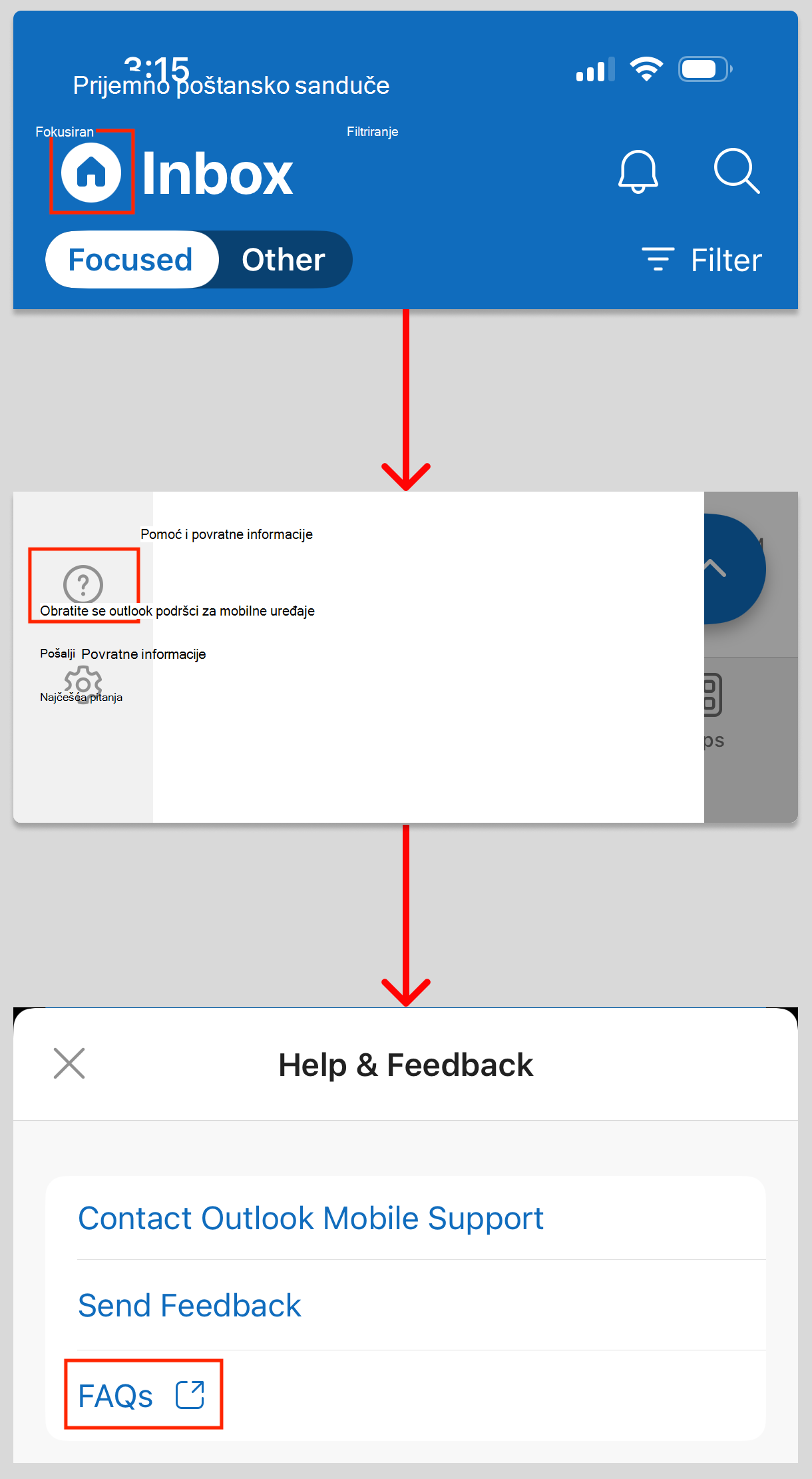 Ova slika otkriva kako da dođete do postavki najčešćih pitanja u programu Outlook za iOS.
