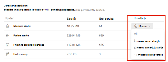 Postavke skladišta za Outlook.com.