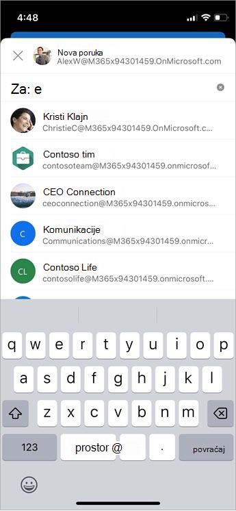 Upravljanje predloženim primaocima u poljima Za, Cc i Bcc sa automatskim dovršavanjem snimak ekrana za mobilni uređaj