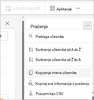 Snimak ekrana okna za praćenje u novom programu Outlook koji prikazuje opcije padajućeg menija za kopiranje liste učesnika