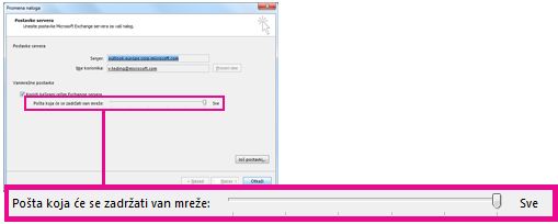 Klizač za zadavanje količine e-pošte koja će se skladištiti za vanmrežni rad
