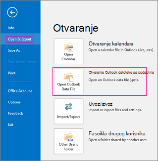 Otvaranje Outlook datoteke sa podacima