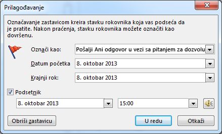 Dijalog „Prilagođavanje“ za postavljanje podsetnika, datuma početka i krajnjeg roka