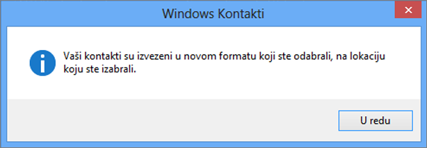 Videćete završnu poruku da su kontakti izvezeni u csv datoteku.