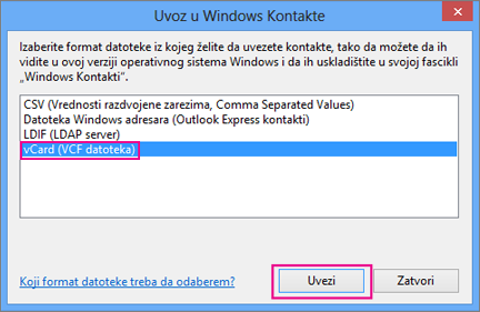 Odaberite vCard, a zatim odaberite stavku „Uvezi“.