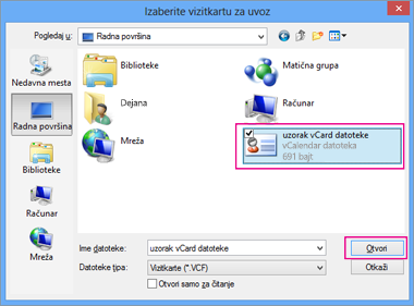 Odaberite vCard datoteku koju želite da uvezete u .csv.