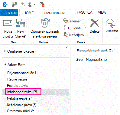 Izaberite stavku „Izbrisane stavke“ na spisku fascikli