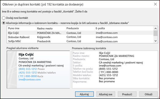 Odaberite šta želite da uradite sa dupliranim kontaktima.