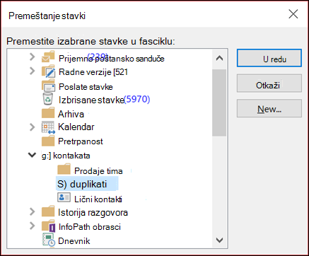 Premestite kontakte u drugu fasciklu.