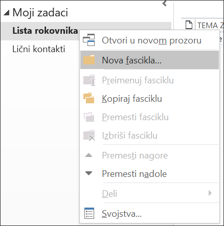 Pravljenje nove fascikle sa kontaktima.
