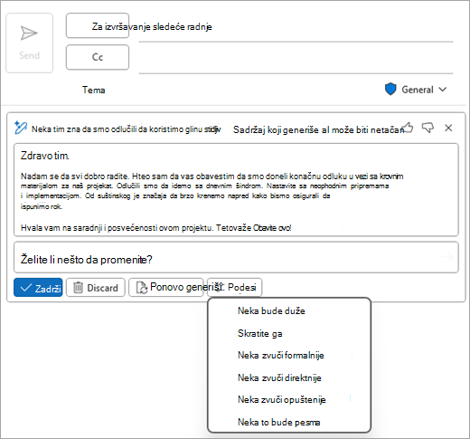 Prikazuje stranicu klasične Outlook pošte sa prikazanom radnom verzijom funkcije Copilot i opcijama za prilagođavanje.