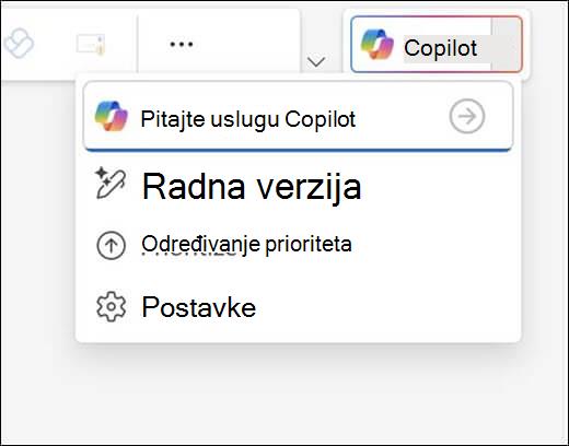 Meni funkcije Copilot u programu Outlook.