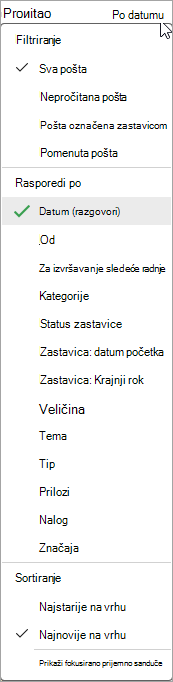 Snimak ekrana padajuće liste 
