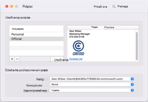 Outlook for Mac Default Signatures window