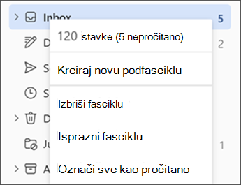 Snimak ekrana koji prikazuje meni kada kliknete desnim tasterom miša na fasciklu