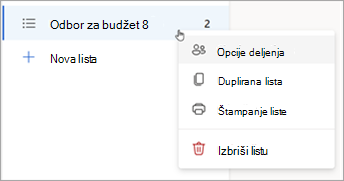 Pritisnite i držite listu (ili kliknite desnim tasterom miša na nju) da biste otvorili opcije deljenja, duplirali ili odštampali listu.
