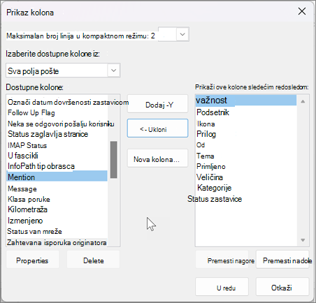 Prikaz postavki za kolone u programu Outlook