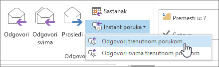 Grupa za odgovore sa otvorenim padajućim menijem za trenutne poruke i istaknutom stavkom 