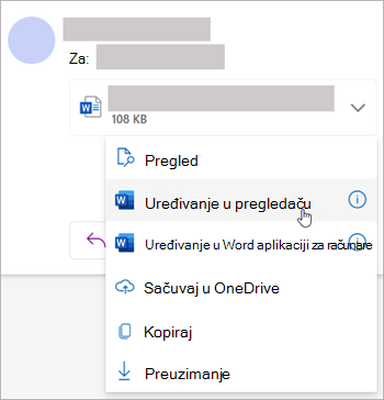 Snimak ekrana koji prikazuje padajuću listu priloga sa izabranom stavkom 