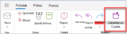 Prikazuje Outlook traku sa alatkama sa istaknutim dugmetom 