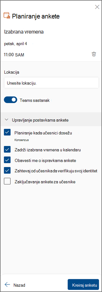 Snimak ekrana sledećih koraka ankete o planiranju