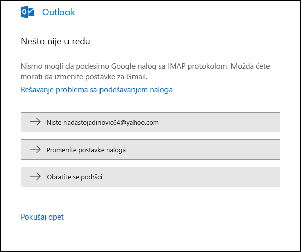 Došlo je do problema prilikom dodavanja naloga e-pošte u Outlook.